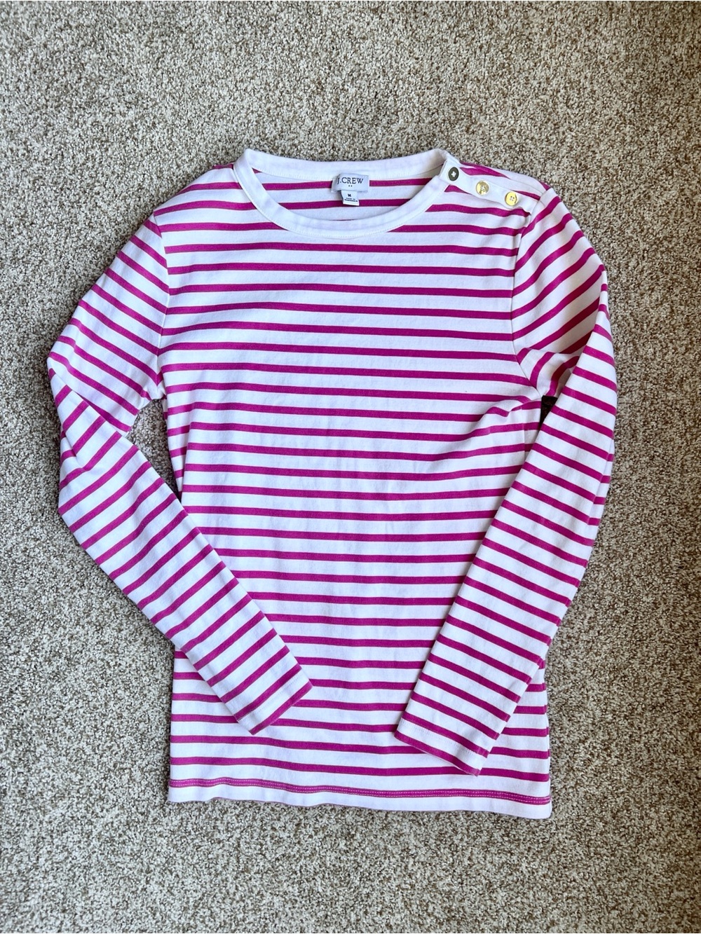 J. Crew White and Pink Striped Long-Sleeve Tee with Shoulder Buttons